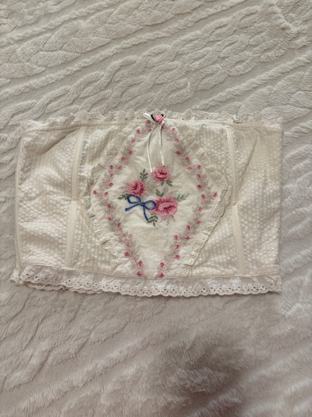 Altar'd State Cream Camisole with Pink Rose Embroidery and Blue Accent Bow